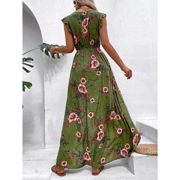 boho Floral Print Ruffle Trim Slit Thigh maxi Dress (Without Belt) - Picture 6 of 11